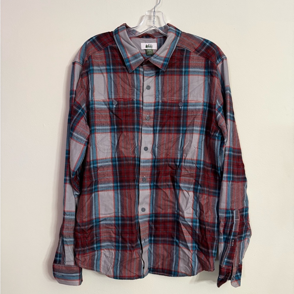 REI Co-op Large Flannel Shirt Mens Red Plaid Long Sleeve Wool Polyester Large L